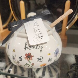 Rae Dunn White Honey Pot with Floral Accents And Wood Honey Dipper